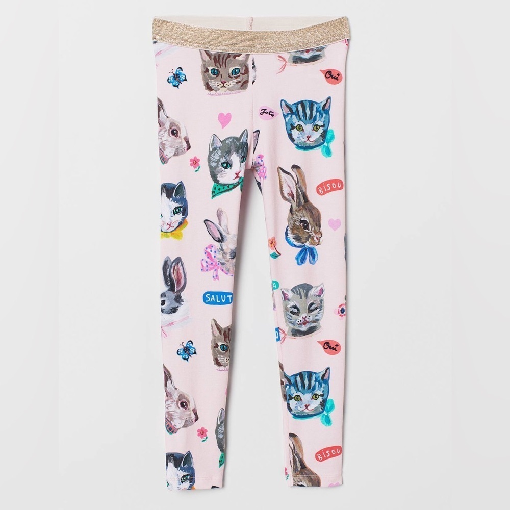 H&M NATHALIE LÉTÉ X H&M Pink Cat Print Leggings 7/8Y